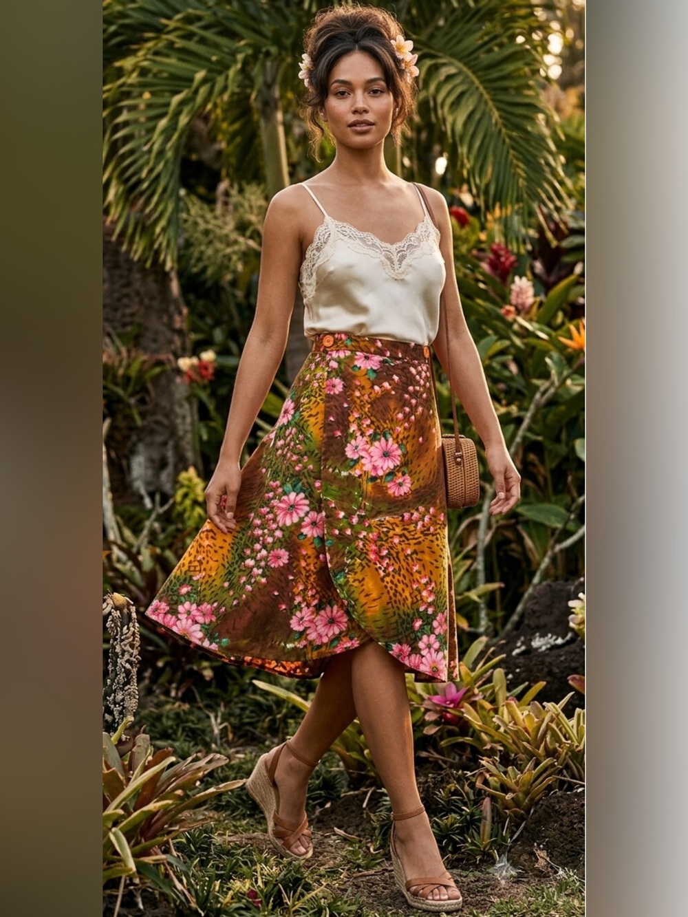 Vintage 1960s Handmade Cotton Hawaiian Floral Midi Wrap Skirt 27”